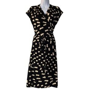Alex and Ava Wrap Dress Womans Size S Black Cream Abstract Print Midi Classic